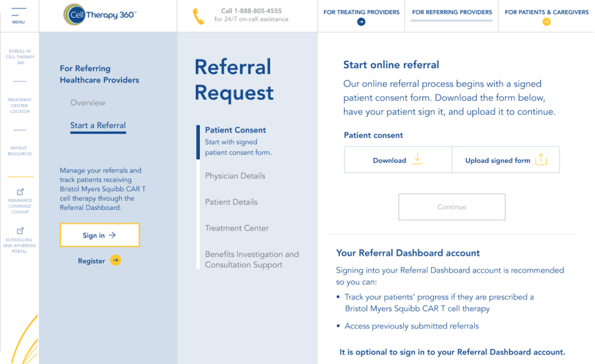 Patient referral portal interface for CAR T cell therapy management